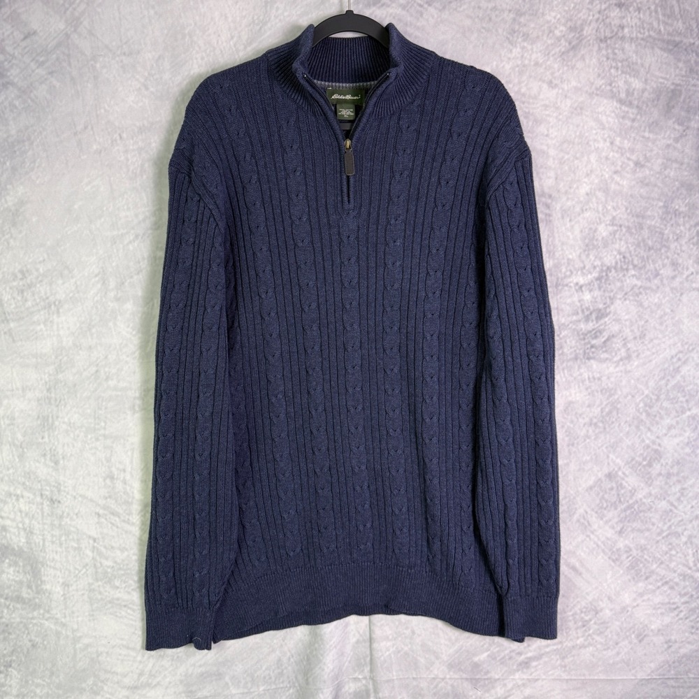 Eddie Bauer Mens sz XL Sweater 1/4 Zip Blue Cable Knit preppy fisherman heritage